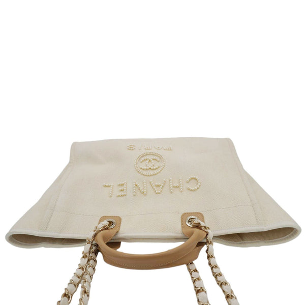 CHANEL Deauville Medium Pearl Embellished Canvas Tote Bag Cream