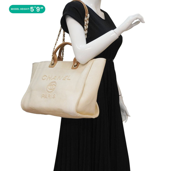 CHANEL Deauville Medium Pearl Embellished Canvas Tote Bag Cream