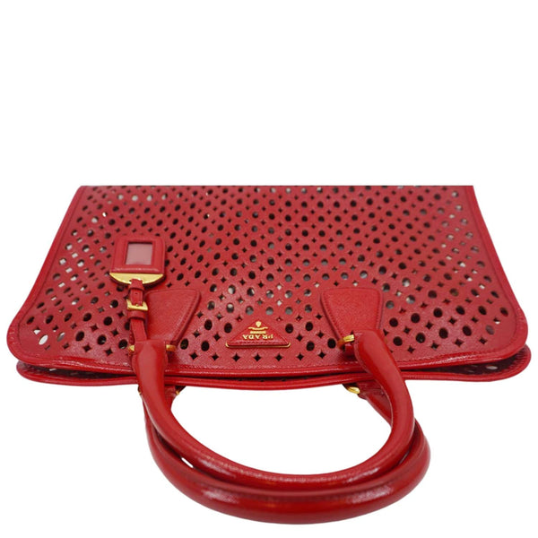 PRADA Saffiano Perforated Leather Tote Bag Red
