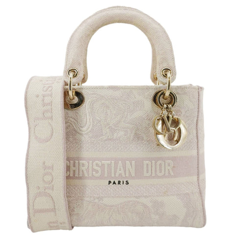 CHRISTIAN DIOR Lady Dior D-Lite Embroidered Canvas Shoulder Bag Beige