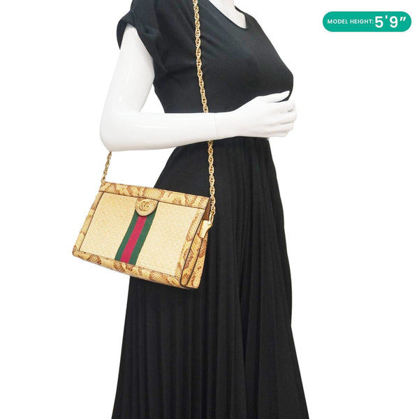 GUCCI Ophidia Small Raffia Elaphe Chain Shoulder Bag Beige 503877