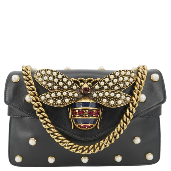 GUCCI Broadway Queen Margaret Pearl Studded Nappa Leather Crossbody Bag Black 453778