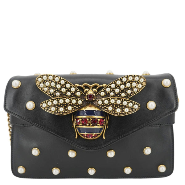GUCCI Broadway Queen Margaret Pearl Studded Nappa Leather Crossbody Bag Black 453778