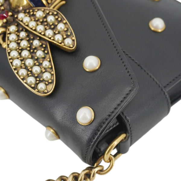 GUCCI Broadway Queen Margaret Pearl Studded Nappa Leather Crossbody Bag Black 453778