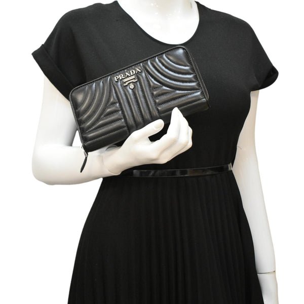 PRADA Diagramme Zip Leather Wallet Black