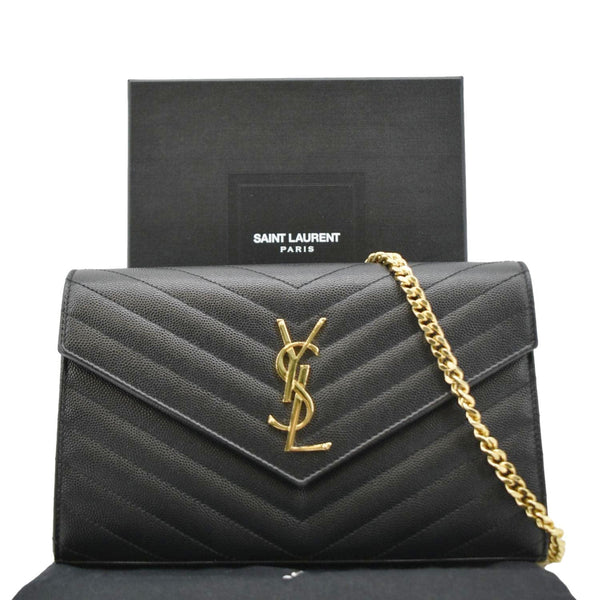 YVES SAINT LAURENT Cassandre Chain Wallet Leather Crossbody Bag Black