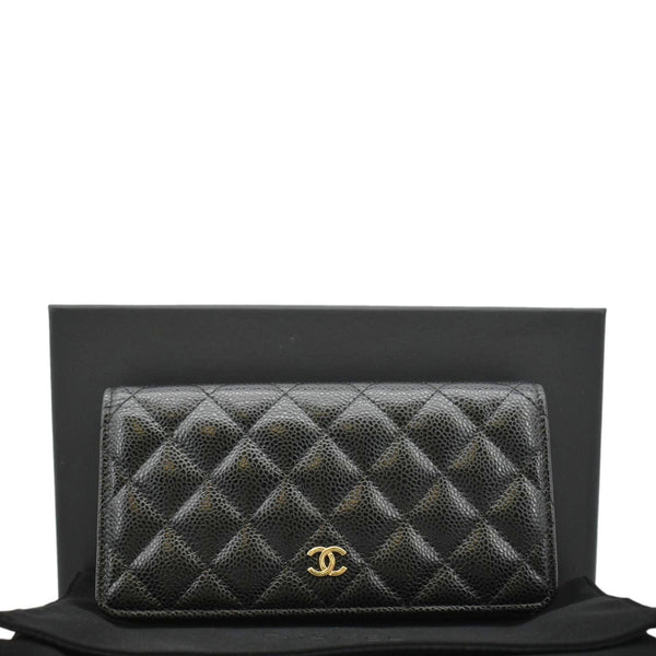 CHANEL Bifold Quilted Caviar Leather Long Wallet Black