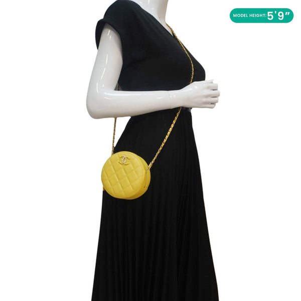 CHANEL Crystal CC Round Quilted Caviar Leather Chain Crossbody Bag Yellow