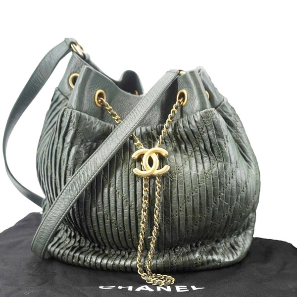 CHANEL Chevron Leather Drawstring Bucket Crossbody Bag Green