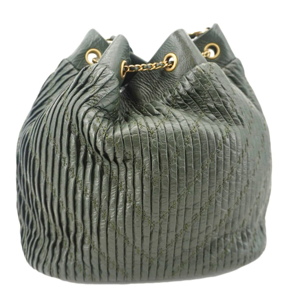 CHANEL Chevron Leather Drawstring Bucket Crossbody Bag Green