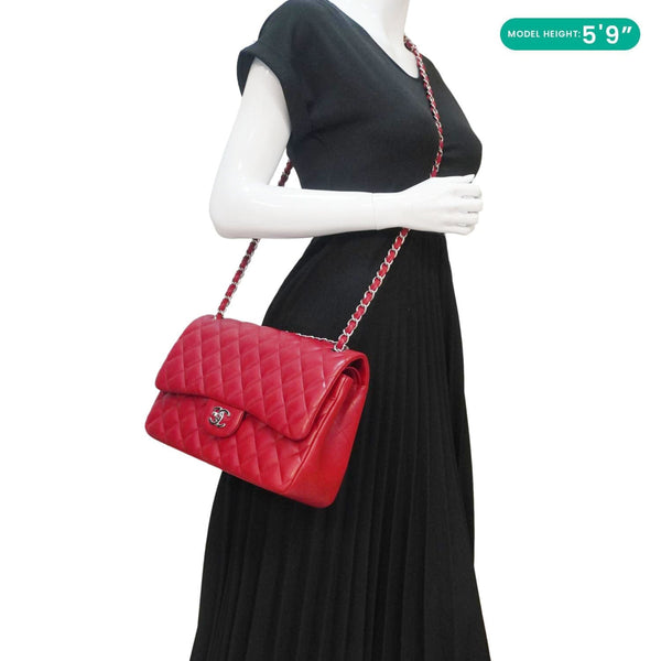 CHANEL Classic Jumbo Double Flap Quilted Leather Crossbody Bag Red
