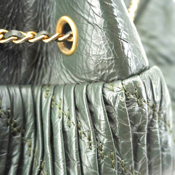 CHANEL Chevron Leather Drawstring Bucket Crossbody Bag Green
