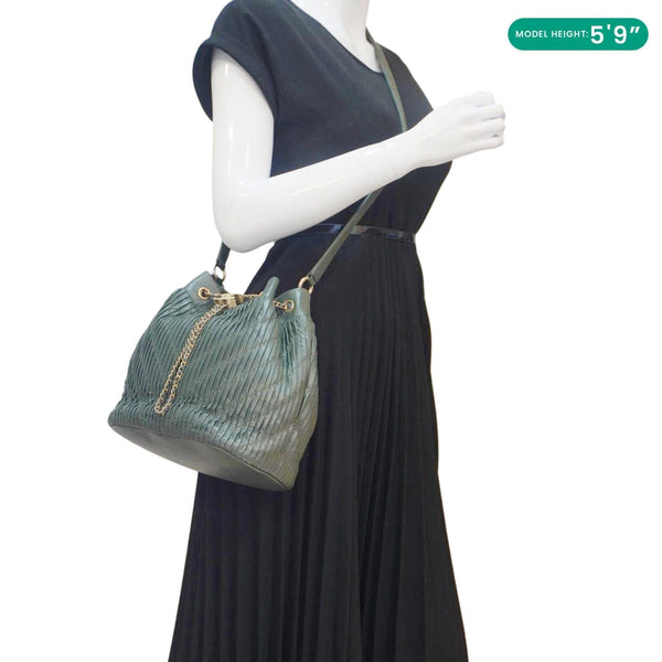 CHANEL Chevron Leather Drawstring Bucket Crossbody Bag Green