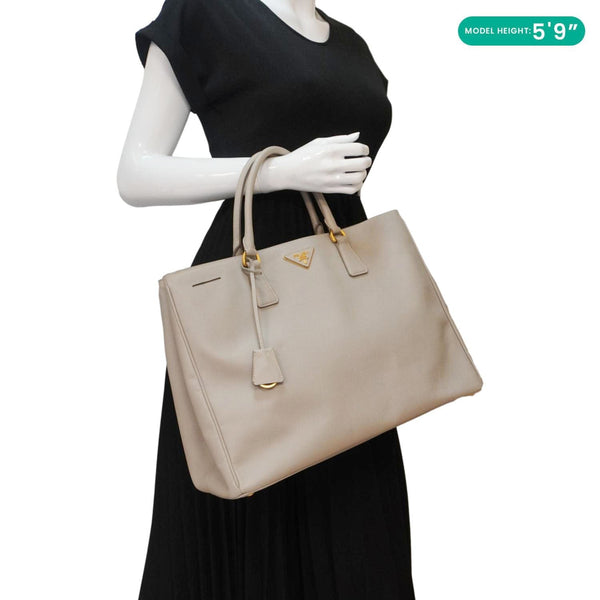 PRADA Galleria Double Zip Saffiano Leather Top Handle Tote Bag Beige