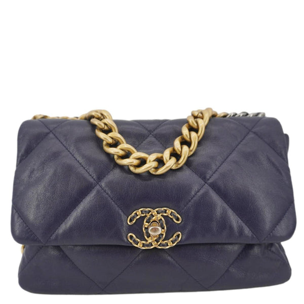 CHANEL 19 Flap Quilted Leather Chain Crossbody Bag Navy Blue