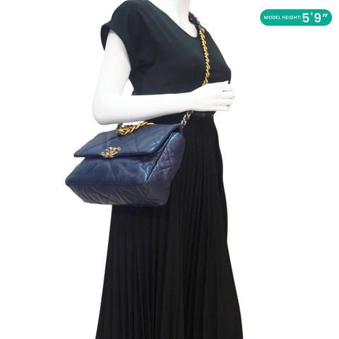CHANEL 19 Flap Quilted Leather Chain Crossbody Bag Navy Blue