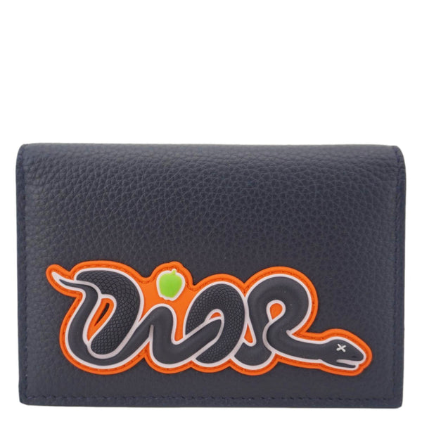 CHRISTIAN DIOR AND KAWS Calfskin Leather Vertical Bifold Card Holder Navy Blue
