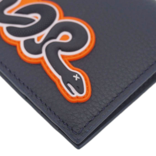 CHRISTIAN DIOR AND KAWS Calfskin Leather Vertical Bifold Card Holder Navy Blue