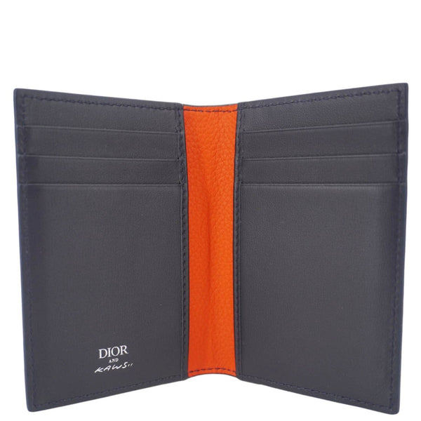 CHRISTIAN DIOR AND KAWS Calfskin Leather Vertical Bifold Card Holder Navy Blue