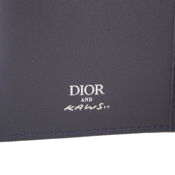 CHRISTIAN DIOR AND KAWS Calfskin Leather Vertical Bifold Card Holder Navy Blue