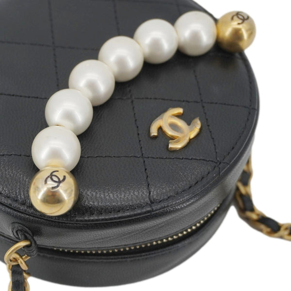 CHANEL Round Chic Pearls Quilted Leather Crossbody Bag Black