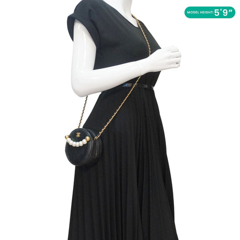 CHANEL Round Chic Pearls Quilted Leather Crossbody Bag Black