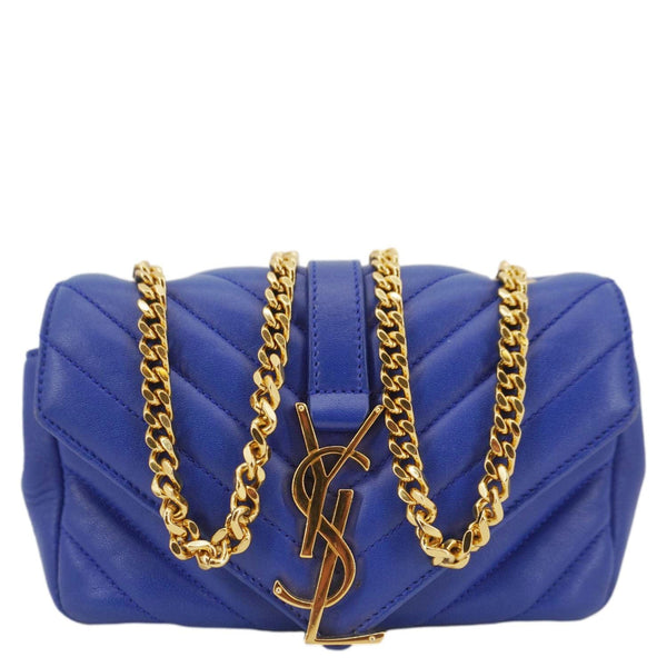 YVES SAINT LAURENT Classic Baby Monogram Chevron Leather Crossbody Bag Blue