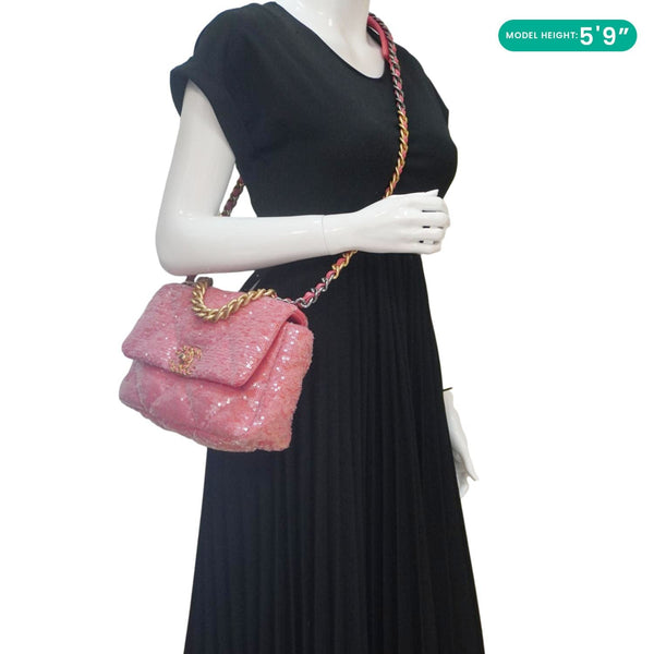 CHANEL 19 Medium Flap Quilted Sequin Shoulder Bag Hot Pink