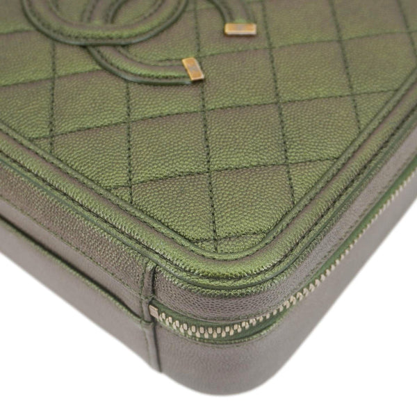 CHANEL Vanity Case Filigree CC Iridescent Quilted Caviar Leather Shoulder Bag Green