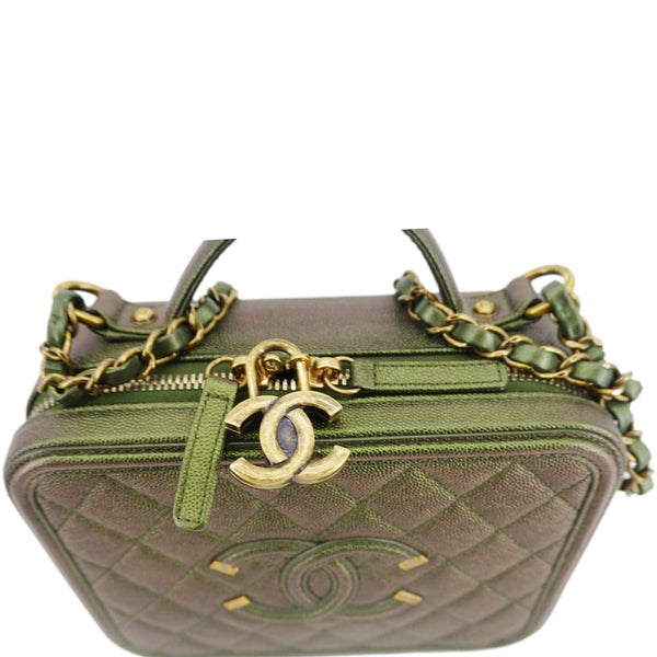 CHANEL Vanity Case Filigree CC Iridescent Quilted Caviar Leather Shoulder Bag Green