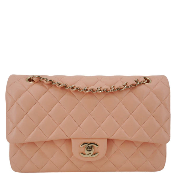 CHANEL Classic Double Flap Quilted Leather Crossbody Bag Peach