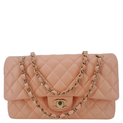 CHANEL Classic Double Flap Quilted Leather Crossbody Bag Peach