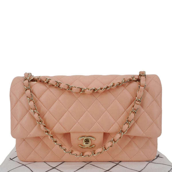 CHANEL Classic Double Flap Quilted Leather Crossbody Bag Peach