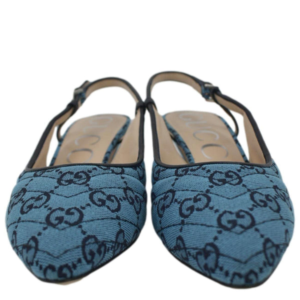 GUCCI Slingback Pumps Italian GG Canvas shoes in Blue with full front view