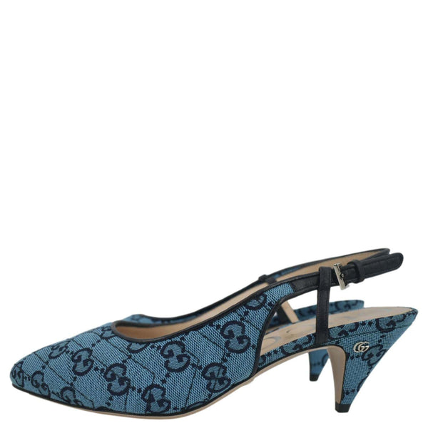 GUCCI Slingback Pumps Italian GG Canvas shoes in Blue with side view