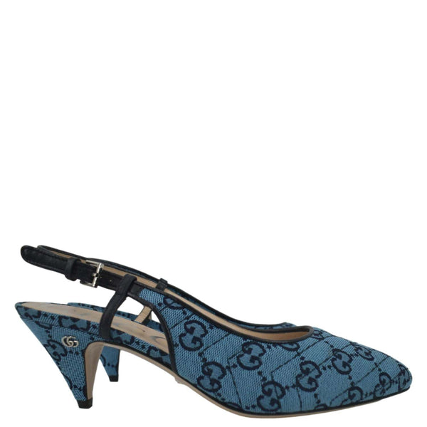 GUCCI Slingback Pumps Italian GG Canvas shoes in Blue with right side view