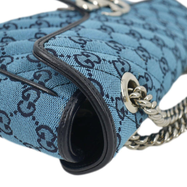 GUCCI Small Italian Matelasse Shoulder bag in Blue Leather with left side chain view