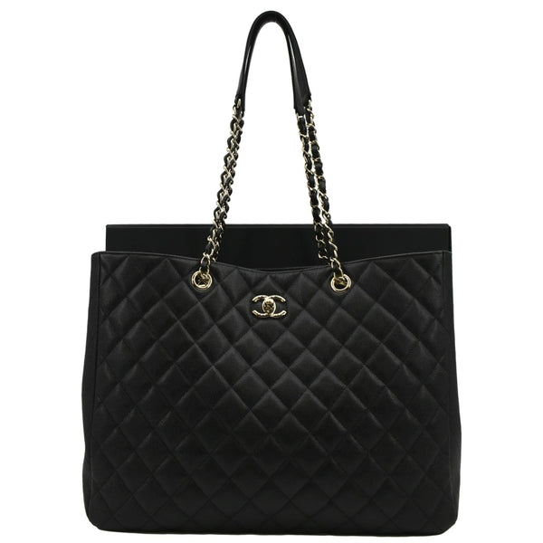 CHANEL Large CC Quilted Leather Tote Shoulder Bag Black