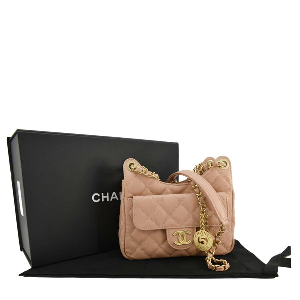CHANEL Wavy Small Caviar Leather Hobo Shoulder Bag Peach