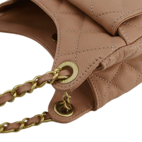 CHANEL Wavy Small Caviar Leather Hobo Shoulder Bag Peach