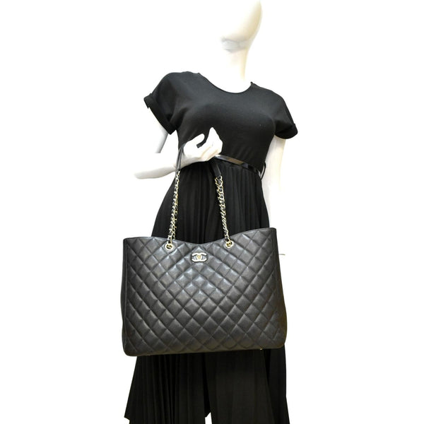 CHANEL Large CC Quilted Leather Tote Shoulder Bag Black