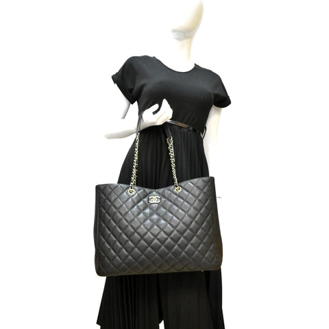 CHANEL Large CC Quilted Leather Tote Shoulder Bag Black