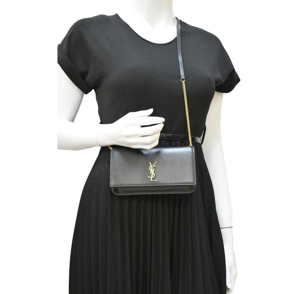 YVES SAINT LAURENT Phone Holder Monogram Smooth Leather Chain Crossbody Bag Black