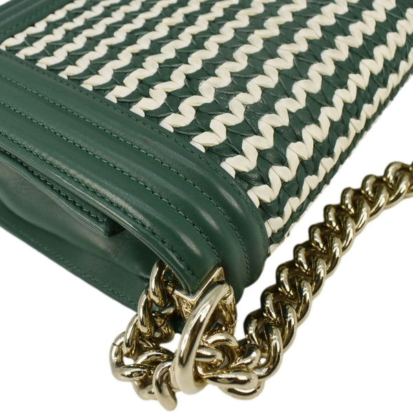 CHANEL Boy Flap Woven Leather Shoulder Bag Green