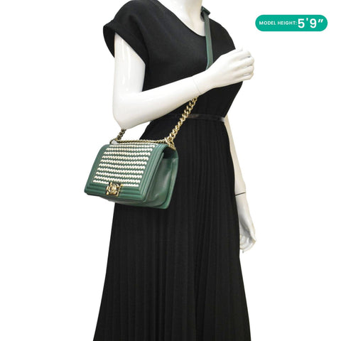 CHANEL Boy Flap Woven Leather Shoulder Bag Green