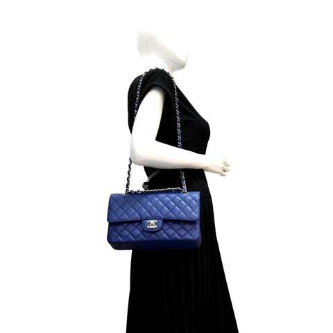 CHANEL Classic Medium Flap Quilted Caviar Leather Shoulder Bag Blue