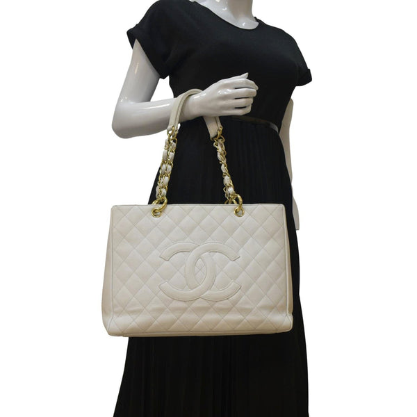 CHANEL Grand Shopping Caviar Leather Tote Bag White