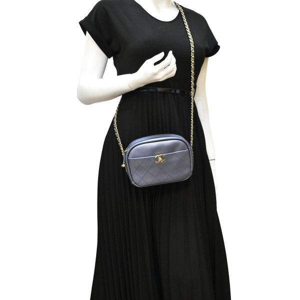 CHANEL Casual Trip Camera Small Metallic Leather Crossbody Bag Blue