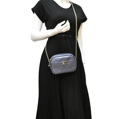 CHANEL Casual Trip Camera Small Metallic Leather Crossbody Bag Blue