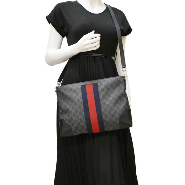 GUCCI East West GG Supreme Web Messenger Bag Black 474139